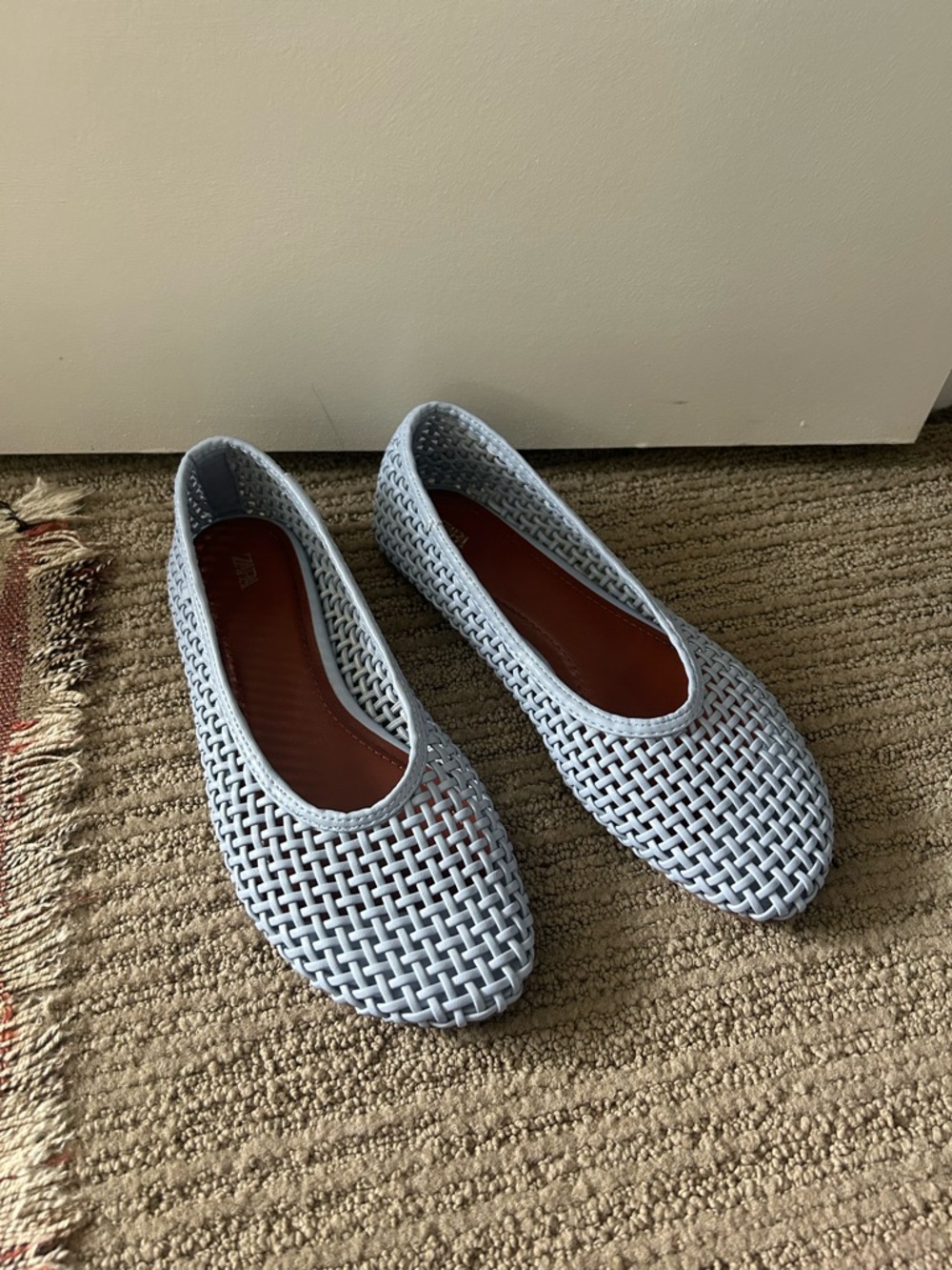 Zara Light Blue Woven Slip-On Ballet Flats, US 7